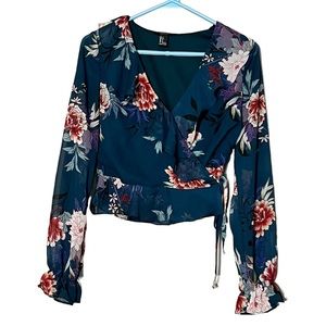 Forever 21 Women’s Teal Floral Print Sheer Sleeves Wrap Blouse